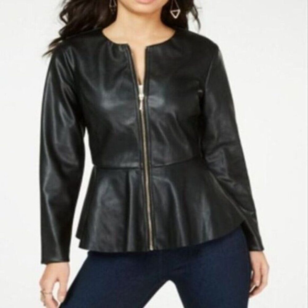 Thalia Sodi  Faux Leather Moto Jacket Black Biker Peplum XSmall